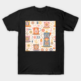 Scandinavian Coffee Break featuring  floral folk art decorated coffee pots and cups in blue, orange, pink and yellow T-Shirt